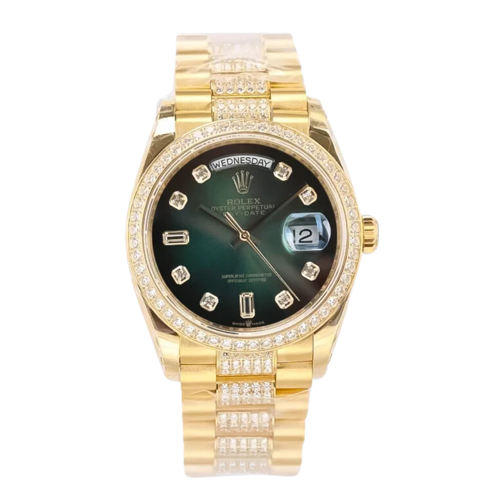 ROLEX DAY-DATE 36 GREEN OMBRÈ 128348RBR 36MM YELLOW GOLD AND DIAMONDS